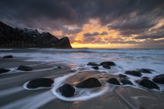 Rocky coast with surf, Unstad Beach, Lofoten, Norway, Europe