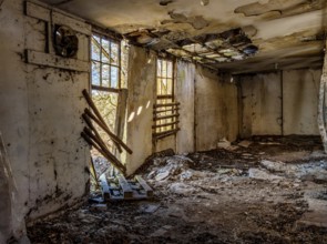 Abandoned and derelict farmhouses on undeveloped land in Rügen, Mecklenburg-Vorpommern, Germany,