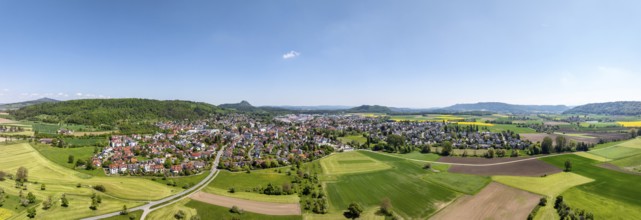 Aerial view, panorama, view of the municipality of Gottmadingen in Hegau, on the horizon the Hegau