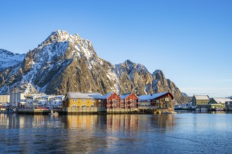 View of Svolvaer, harbour, snow-covered mountains in the background, Austvågøy, Lofoten, Norway,