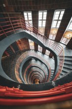 Dramatic spiral staircase with red banisters and windows, SPRINKENHOF, Hamburg, Germany, Europe