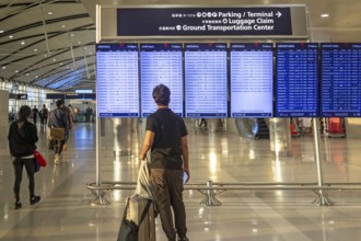 Detroit, Michigan - A traveler looks at the arrivals and departures board at Detroit Metro Airport