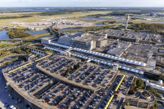 Aerial view of Orlando International Airport with Terminal Concourse Airside 4 and Tower in