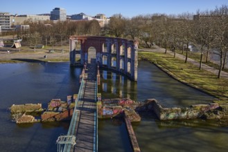 Park, trees, pond, lawn, artificial ruin, general architecture, blue sky, cloudless, Bürgerpark