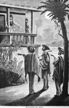 Garden scene in Cuba, three musicians singing and making music for the young woman on the balcony,