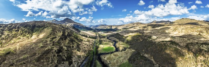 Panorama of Farms and Mountains over River Dochart and Road A85 from a drone, Perthshire, Scotland,