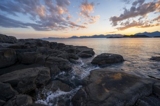 Rocky coast, coastal landscape at sunset, Henningsvær, Lofoten, Nordland, Norway, Europe