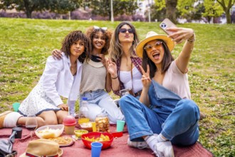 Four cheerful young women enjoying a sunny picnic in the park, smiling and taking a selfie together