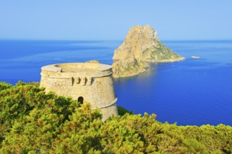 View of Torre des Savinar and Es Vedra island, Ibiza, Balearic Islands, Spain, Europe