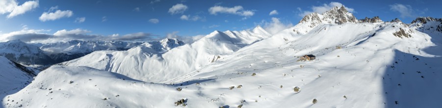 Alpine panorama, aerial view, Alpine Club hut of the SAC in winter, Chamanna d'Es-cha, Pitz