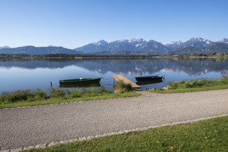 Calm lake with green and black boats, jetty and alpine landscape in the background, Hopfen am See,