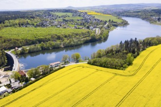 Malter dam and village, in the background the town of Dippoldiswalde and Luchberg, Erzgebirge,