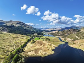Mountains over Loch Iubhair from a drone, Crianlarich, Highlands, Scotland, United Kingdom, Europe