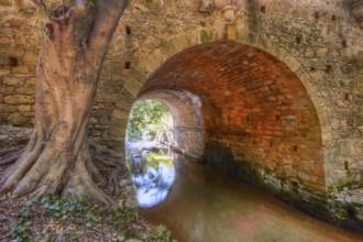 Stone tunnel with tree and quiet river, pure nature, Rodini Park, municipal park, Rhodes Town,