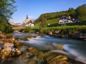 Parish church of St Sebastian on the Ramsauer Ache in the morning, Reiteralpe at the back, Ramsau,