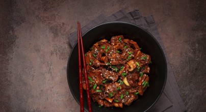 Bulgogi, with mushrooms, with sesame seeds and green onions, Korean cuisine, homemade, no people