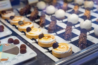 Mouth watering pastries and small cakes are neatly arranged on display in a bakery window, tempting