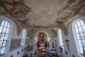View from the organ loft onto the church interior and altar with Lenten cloth, St Laurentius and