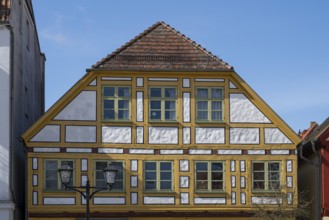Restored gable of a half-timbered house, Waren, Müritz, Mecklenburg Lake District, Mecklenburg,