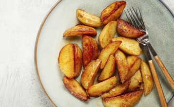 Fried potato slices, on a plate, top view, homemade, no people