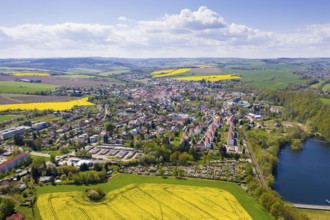 Aerial view of the town from the north with town hall and town church, Dippoldiswalde, Erzgebirge,