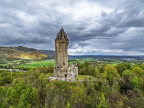 The National Wallace Monument or William Wallance Monument from a drone, Stirling, Scotland,