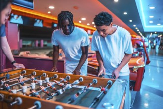 Two young men concentrating on playing foosball in a brightly lit entertainment center, enjoying a