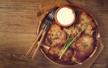 Potato pancakes, pancakes with sour cream, Belarusian dish, homemade, no people