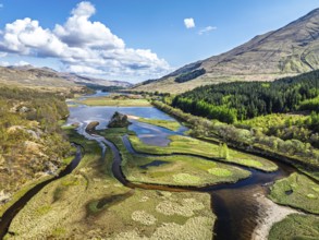 Loch Dochart and River Fillan from a drone, Highlands, Scotland, United Kingdom, Europe