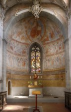 Interior view, painting in the apse, divided into three sections, choir, altar, stained glass