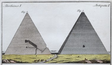 Egyptian pyramids, the seven wonders of the world, hand-coloured copperplate engraving from