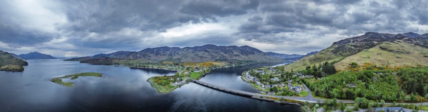 Panorama of Loch Long Bridge or Dornie New Bridge from a drone, Loch Long River, Highlands,