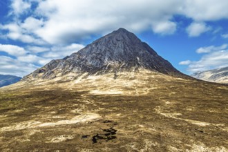 The Buachaille Mountain and Moors over Glen Etive Valley from a drone, Buachaille Etive Mòr, The