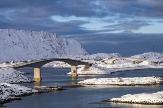 Bridges connecting islands on the road to Fredvang, Flakstadøya, Lofoten, Norway, Europe