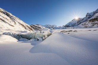 Snow-covered glacier, Morteratsch Glacier, Bernina Group, Engadin, Grisons, Switzerland, Europe