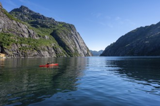 Kayaker with red kayak in the fjord Trollfjord, mountain peaks reflected in the water, fjord