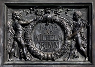 Bronze plaque, relief with inscription, National Monument Brothers Jakob and Wilhelm Grimm,