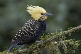 Blond-crested Woodpecker (Celeus flavescens) perched on a branch in the Atlantic Rainforest of