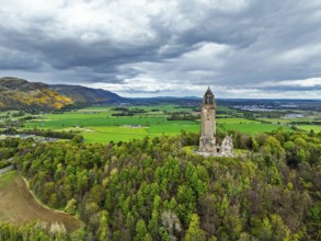 The National Wallace Monument or William Wallance Monument from a drone, Stirling, Scotland,