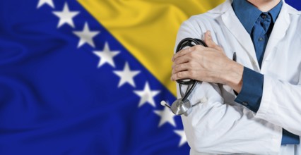 Doctor with stethoscope on Bosnia flag. Doctor holding stethoscope on Bosnia flag