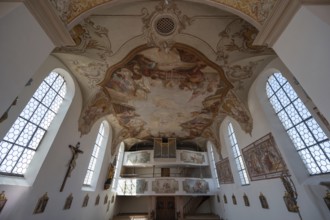 Organ loft and ceiling frescoes of St Laurentius and Agatha Church, Frankenhofen, Kaltental,