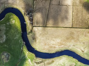 Top Down over Farms and River Dochart and Road A85 from a drone, Perthshire, Scotland, UK