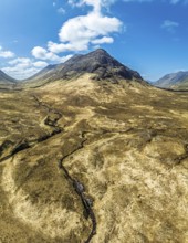 Panorama of Buachaille Etive Beag and Three Sisters in Glencoe over Moors and Road A82 from a