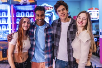 Four young multiethnic friends are smiling and having fun at an arcade, enjoying various games and