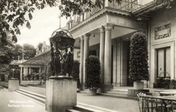 Historical postcard, picture postcard, terrace of the spa hotel, Wiesbaden, Hesse, Germany,