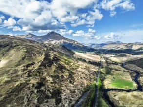 Farms and Mountains over River Dochart and Road A85 from a drone, Perthshire, Scotland, UK