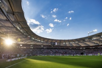 Long shot, overview, main stand, Cannstatter Kurve, evening sun, evening, atmospheric, flooded with
