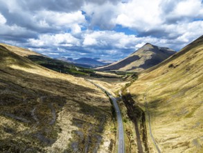 Montaims over West Highland Way A82 from a drone, Clifton, Crianlarich, Highland, Scotland, UK