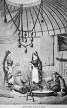 Turkmen family in tent, four woman in portrait, playing stringed instrument, preparing tea, tray