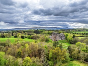 Doune Castle from a drone, Doune, Stirling, Scotland, England, United Kingdom, Europe